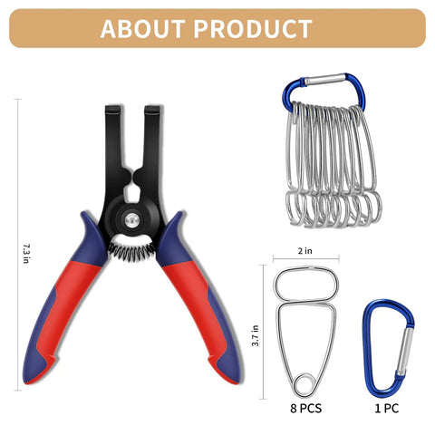 Miter Spring Clamps Kit For Woodworking With Pliers And Carabiner, 10 Piece Set showing pliers and 8 spring clamps with dimensions