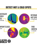 Thermal imager images showing energy loss, hot spots, clogs, and moisture using heat maps. Klein Tools logo displayed.