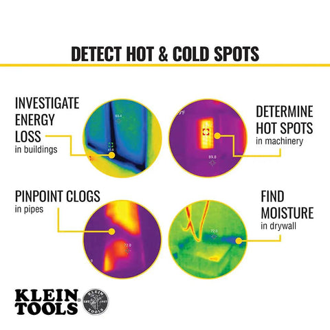 Thermal imager images showing energy loss, hot spots, clogs, and moisture using heat maps. Klein Tools logo displayed.