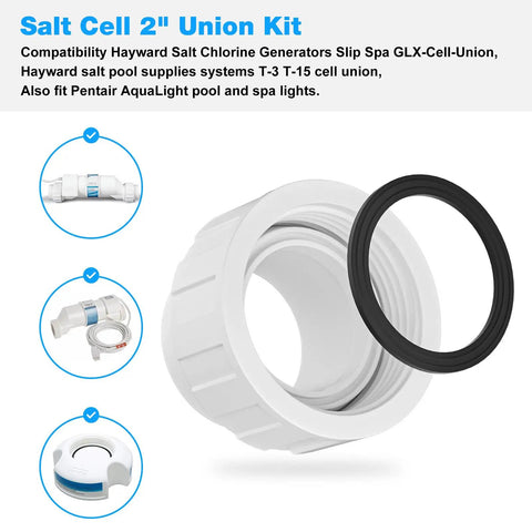 2 Inch Salt Cell Union Kit Replacement For Hayward Salt Chlorine Generators showing union connectors and O-ring components