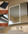 LED Lighted Bathroom Medicine Cabinet with Backlit Panel, USB Sockets, Anti Fog, two doors, wall mounted above sink, 30x28 inches.