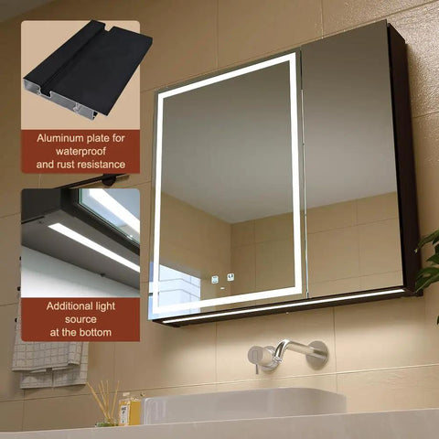 LED Lighted Bathroom Medicine Cabinet with Backlit Panel, USB Sockets, Anti Fog, two doors, wall mounted above sink, 30x28 inches.