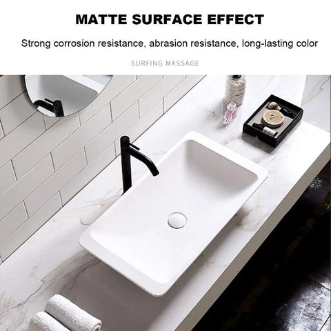 Slick Polished Artificial Stone Countertop Bathroom Sink With Integrated Drain Heavy Duty Oval Art Basin For Modern Vanity Cabinet Zero Hassle Scratch Proof Finish mounted above a white countertop with black faucet.