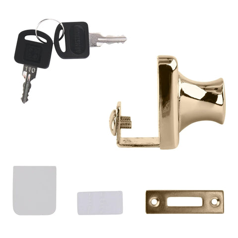 Pro Grade Gold Plated Clamp Lock For Three Eighth Inch Single Glass Doors No Fuss No Drill Mount Secure Closure Hardware For Display Cases And Retail Fronts Keyed Alike Sleek Finish with keys and strike plate components.