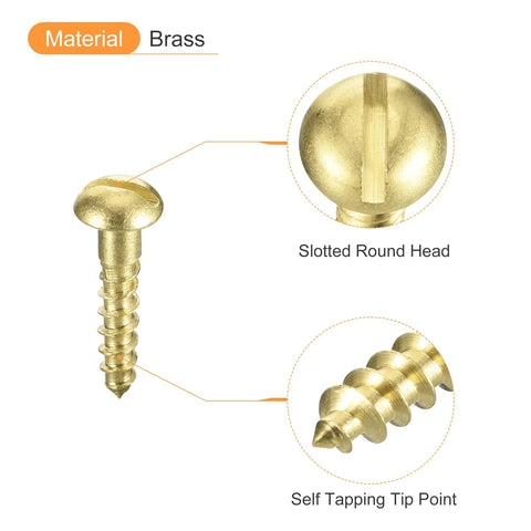 Detailed view of Beefy Brass Wood Screws M1.6 x 8mm Slotted Round Head Self Tapping for Woodworking, highlighting head and tip features.