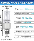 Specifications for Beefy Bright High Output E11 Halogen Bulb 120V 75W T4 Mini Candelabra Base, dimmable 1150 lumen warm white 2700K.