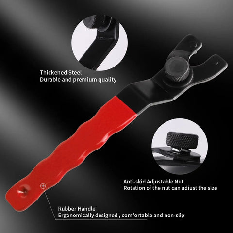 Heavy Duty Adjustable Pin Wrench For Angle Grinders with thickened steel, red rubber handle, anti-skid design, 7-1/4 inches.