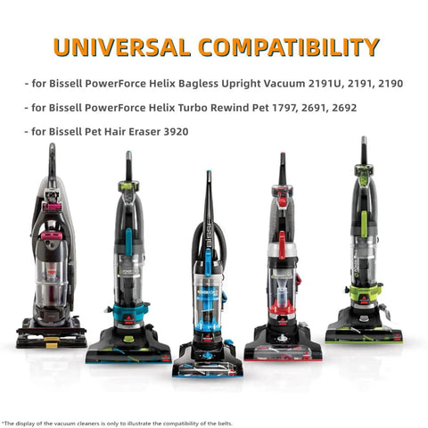 Five Bissell PowerForce Helix and Pet Hair Eraser vacuums demonstrating compatibility with replacement belts.