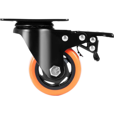 Heavy Duty Three Inch Swivel Plate Casters Set Of Four With Non Marking Pvc Wheels And Dual Ball Bearings side view of a caster wheel with orange PVC wheel.