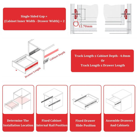 Kick to Open Drawer Slides 10-24 Inch Black Full Extension Side Mount Handleless Foot Tap Open Runners for Easy Hands Free Shoe Drawer Access Heavy Duty Modern Hardware installation diagram