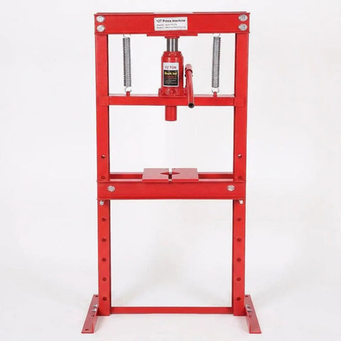 Heavy Duty 12 Ton Hydraulic H Frame Shop Press With Adjustable Work Table And Stamping Plates For Auto Repair Metalworking Wheel Bearing And U Joint Installations Red product front view