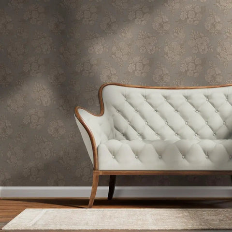 Top Shelf Vintage Peony Silver Metallic Wallpaper Featuring Smooth Fabric Texture And Eco Friendly Design For That Dreamy Room Glow Up, background with tufted chair.