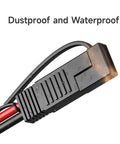 Close-up of 10 AWG SAE Solar Panel Extension Cable showing waterproof and dustproof design with adapters for RV use.