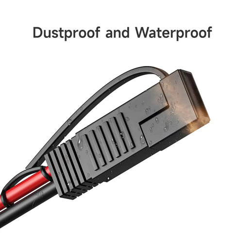 Close-up of 10 AWG SAE Solar Panel Extension Cable showing waterproof and dustproof design with adapters for RV use.