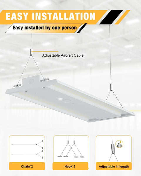 1.5 Ft Led Linear High Bay Light Adjustable Wattage 52W To 130W Swapping 4000K Or 5000K Shades with adjustable aircraft cable for easy installation.