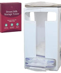 Heavy Duty Breast Milk Storage Tower And Freezer Organizer Rack For New Moms with flat top and stacked milk bags inside.