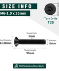 Tough As Nails M6 X 35Mm Flat Torx Security Screws, showing size info and specifications graphic, black coat finish.