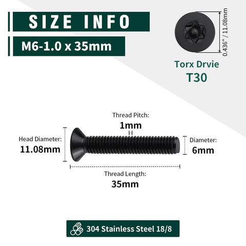 Tough As Nails M6 X 35Mm Flat Torx Security Screws, showing size info and specifications graphic, black coat finish.