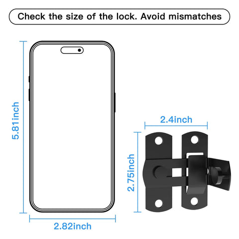 Dimensions of 90 Degree Flip Barn Door Lock For Privacy And Security Hook Gate Latch Made From 304 Stainless Steel With Corrosion Resistant Finish Thickened Base Prevents Unlock From Outside Ideal For Barn Garden Bathroom Outdoor Garage Window Or Sliding Doors Black next to phone size.