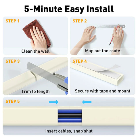 5-step installation guide for Straight Up Sturdy Beige Cord Hider And Wall Cable Cover Fits 2 To 3 Wires Fire Resistant.