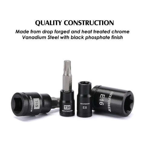 Torx Bit And Socket Set 25 Piece With 13 Star Bits T8 To T60 And 12 E Torx Sockets E4 To E22 Hardcore CRV Steel, drop forged