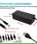 Premium Rock Solid 58.8 Volt 5 Amp Lithium Battery Charger dimensions with various plug types and size specifications.