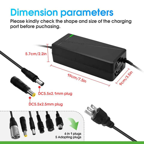 Premium Rock Solid 58.8 Volt 5 Amp Lithium Battery Charger dimensions with various plug types and size specifications.