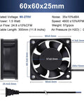 60X25MM EC AC Axial Brushless Cooling Fan 110V 120V Dual Ball Bearing side view showing dimensions and specifications.