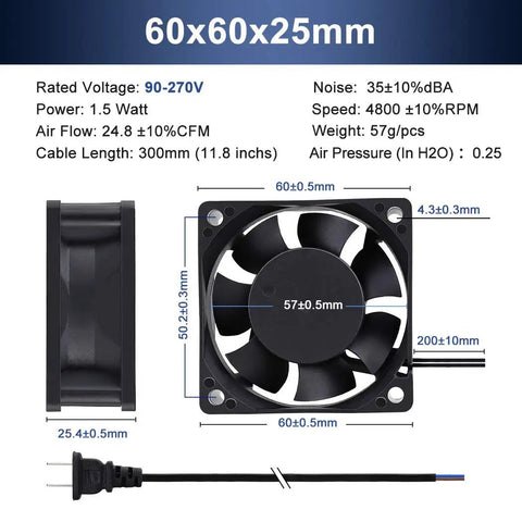 60X25MM EC AC Axial Brushless Cooling Fan 110V 120V Dual Ball Bearing side view showing dimensions and specifications.