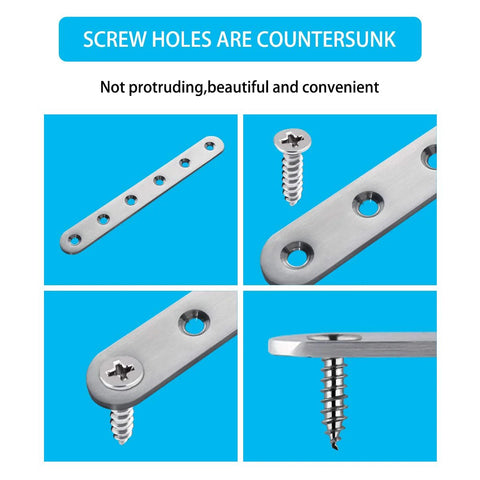 Stainless Steel Straight Brace Set For Home Improvement, Four Pieces 156 By 18 Mm Flat Brackets With 24 Included Screws, countersunk holes view