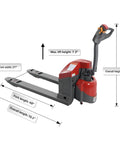 Tory 4400 Lb Electric Pallet Jack Truck With 48 By 27 Forks For Smooth Warehouse Hauling, detailed dimensions displayed.