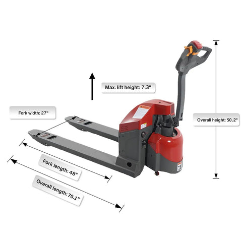 Tory 4400 Lb Electric Pallet Jack Truck With 48 By 27 Forks For Smooth Warehouse Hauling, detailed dimensions displayed.