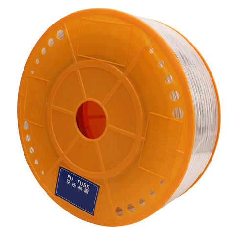 Heavy Duty Clear Polyurethane Air Hose For Pneumatic Air Compressors 200 Meter Length on orange spool with visible tubing reels.