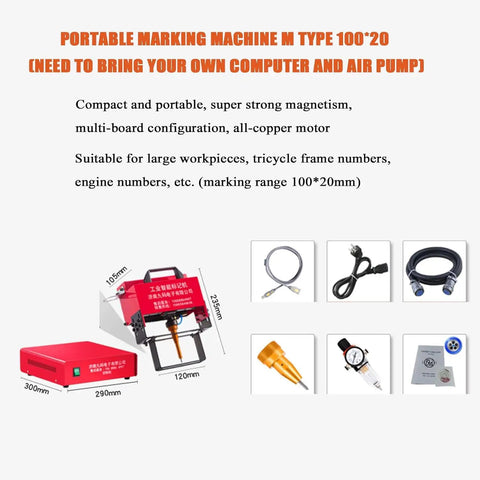 Heavy Duty Pneumatic Dot Peen Marking Machine Workhorse Quality For Metal Engraving Letters Serial Numbers Vin Codes Chassis Dates Graphics Engine Blocks Steel Pipes, portable design with marking range 100x20mm.