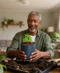 Man holding plant in 200 Pack Breathable Plant Grow Bags 5.5 By 6.3 Inch Biodegradable Nonwoven Seedling Pots indoors
