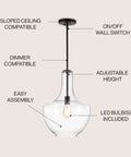 Oil Rubbed Bronze 13.25 Inch Mid Century Modern One Light LED Pendant Light Fixture With Clear Glass Shade, Easy Assembly