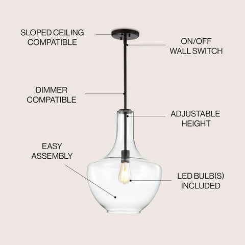 Oil Rubbed Bronze 13.25 Inch Mid Century Modern One Light LED Pendant Light Fixture With Clear Glass Shade, Easy Assembly