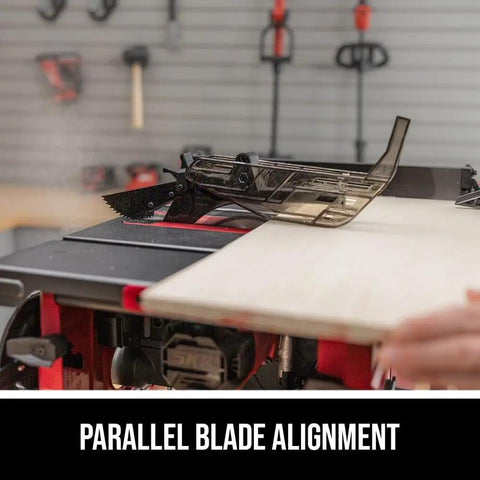 Parallel blade alignment on Built Tough 15 Amp 8 1/4 Inch Compact Table Saw for precise cutting.