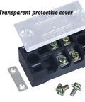 Rugged Dual Row Terminal Block Strips With Clear Safety Shield Tight Grip 15 Amp 660 Volt Wire Connectors showing protective cover and screws.