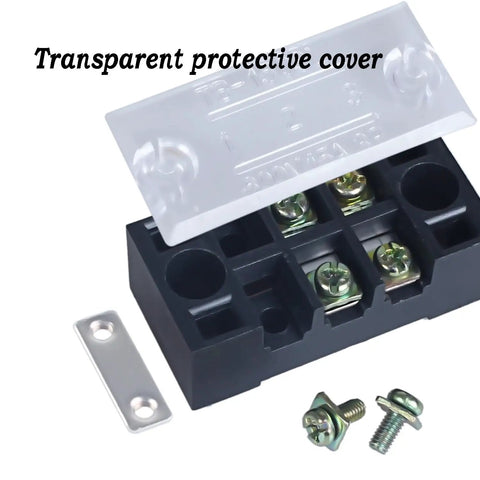 Rugged Dual Row Terminal Block Strips With Clear Safety Shield Tight Grip 15 Amp 660 Volt Wire Connectors showing protective cover and screws.