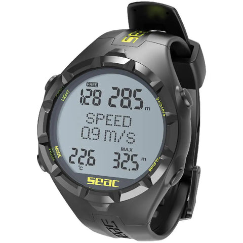 Freediving Computer With Backlit LCD Screen And Real Time Data, Logs, And Dive Metrics For Ocean Sessions, shown with data display