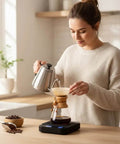 Woman using Precision Coffee Scale With Timer For Espresso And Pour Over, Digital Kitchen Scale With LED Display, Rechargeable USB C.