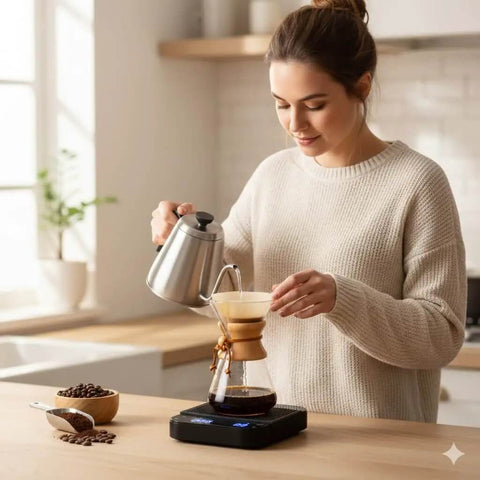 Woman using Precision Coffee Scale With Timer For Espresso And Pour Over, Digital Kitchen Scale With LED Display, Rechargeable USB C.