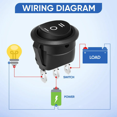 Three Way Round Rocker Switch 12 Volt With On Off On Positions SPDT Circle Toggle For Car Stereo Marine Boat Plug And Play Wiring Kit Wires Included Five Pack Heavy Duty 6A 250V AC And 10A 125V DC wiring diagram with 3-pin terminals