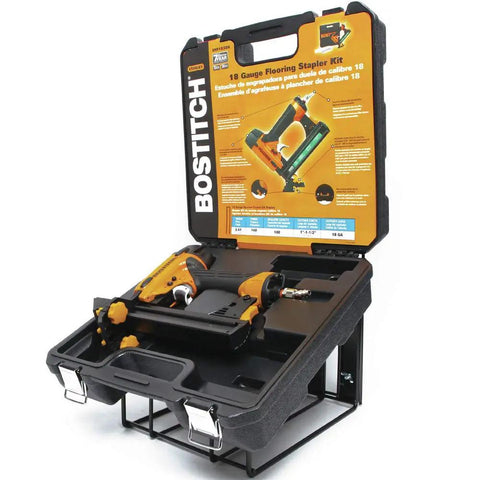 Black BOSTITCH 18 Gauge Flooring Stapler Kit in open hard case with tools visible