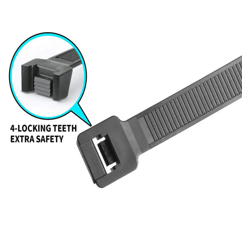 Close-up of 22 Inch Heavy Duty Zip Ties With 120 Pound Tensile Strength UV Resistant Black Cable Ties 50 Pack Industrial Grade Nylon PA66.