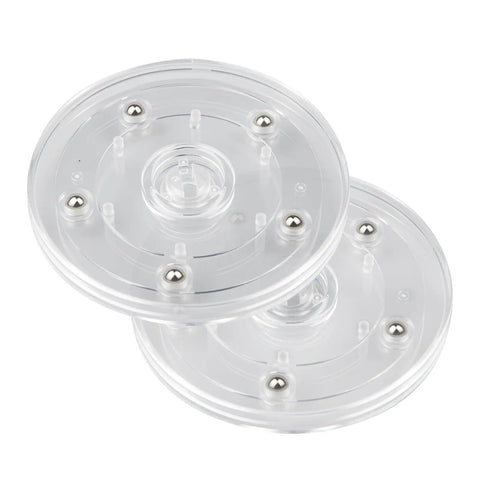 Two Pack Four Inch Lazy Susan Turntables with Ball Bearing Rotation, clear acrylic rotating trays stacked on display