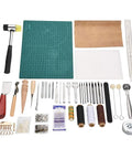 Leather Craft Tools Kit 42Piece Set With Stitching Groover Punches Awl Hammers Needles Waxed Thread Rivets Snap Fasteners Chisels Cutting Knife And Ruler For DIY Sewing Projects And Pro Leatherworking, with mat and tools