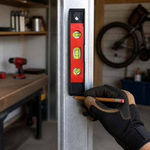 Spirit Level, New Yellow Level 23CM on metal post, hand with pencil, three bubble vials visible for leveling.