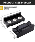 4 Inch Aluminum Vise Jaw Pad With Magnetic Vise Cover For Bench And Desktop Jaws Black One Pair Built Tough Pro Grade Heavy Duty Multi Purpose Jaw Protector With Grooved Surface And Stainless Bolts For AN Fittings, with product size display.
